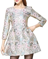 A-line Vintage Jacquard Glittering Polyester Round Neck Midi Dress 