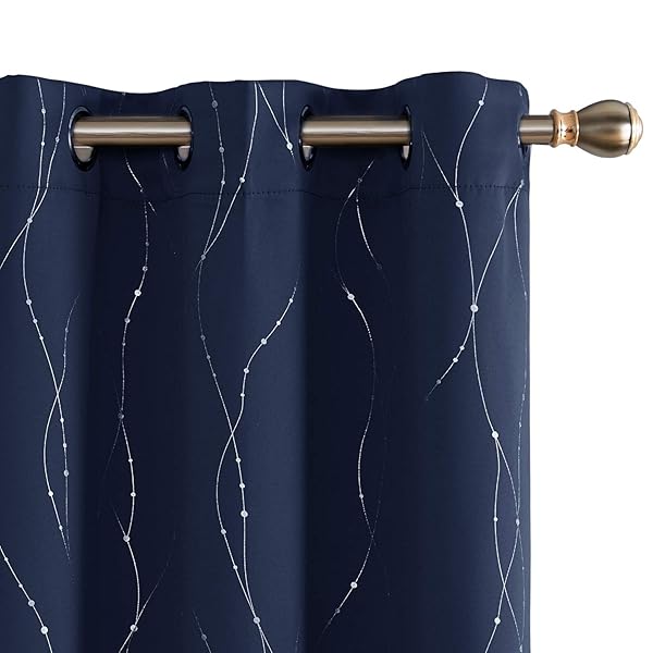 Deconovo Navy Blackout Curtains Grommet Top Drapes Line Printed