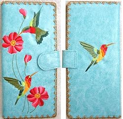Hummingbirds Design Embroidery Wallet Large Turquoise