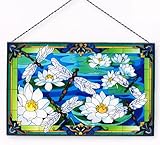 IMAGE OF Dragonfly Water Lilies Stained Glass Suncatcher Window Panel 16 W X 10 H Joan Baker Designs AP357