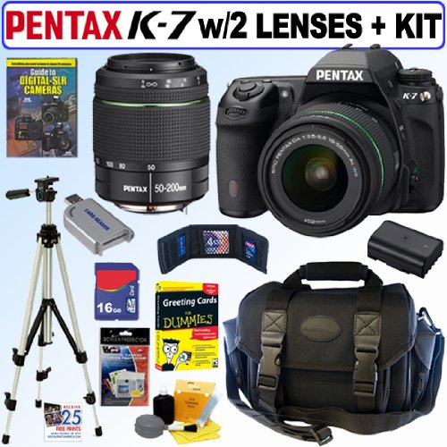 Pentax K-7 14.6 MP Digital SLR Camera with Pentax DA 18-55mm f/3.5-5.6 AL Weather Resistant Zoom Lens and Pentax DA 50-200mm f/4-5.6 ED Weather Resistant Zoom Lens + 16GB Deluxe Accessory Kit