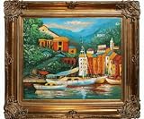 Art Reproduction Oil Painting - Closeout Deals: Lazy Boat Dock with Renaissance Bronze Frame - Bronze Finish - 30 X 34 - Hand Painted Framed Canvas Art