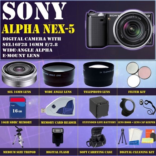 Sony Alpha Nex-5 Interchangeable Lens Digital Camera (Black) with Sony Sel16f28 16mm F/2.8 Wide-angle Alpha E-mount Lens + Huge Accessories Package Including Wide Angle Macro Lens + 2x Telephoto + 3 Pc Filter Kit + 16gb Sdhc Memory Card + Extended Long Life Battery + Carrying Case + Tripod + Lens Hood + Lens Cap Keeper & Much More!!