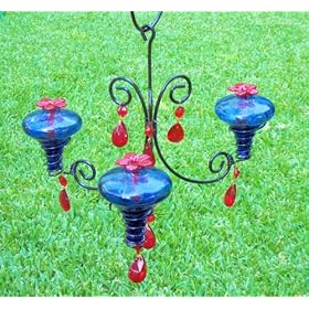 Parasol CH3B-B Blue Hand Blown Glass Hummingbird Feeder 3 Port Chandelier by 