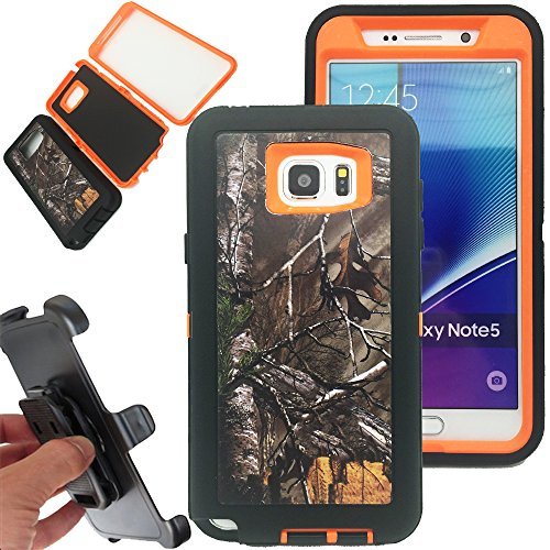 Kecko® Shockproof Dirt proof Military Grade Drop Scratch Resistant Hybrid Bumper Full Body Protective Camo Case with Belt Clip Holster for Samsung galaxy Note 5 (Xtra Orange)