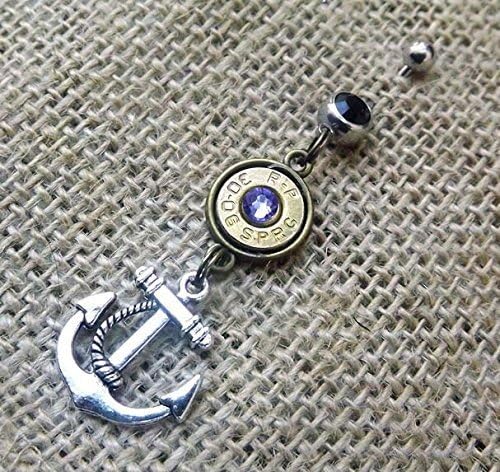 Bronze 30-06 Bullet Silver Dangle Style Belly Button Ring and Silver Anchor | Belly Ring | Navel Ring