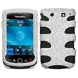 Fish Bone Protector Skin Hybrid Snap On Gel Cover (Faceplate) Cell Phone Case for RIM BlackBerry Torch 9800 AT&T - Silver Diamante/Black
