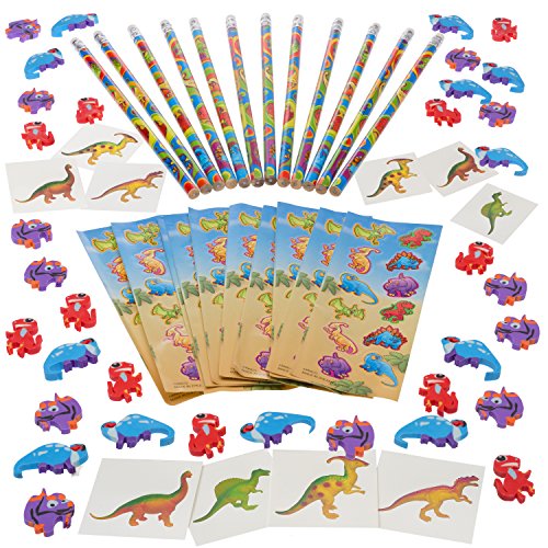 Dinosaur Set, Included 12 Dinosaur Pencils, 36 Dinosaur Erasers, 144 Dinosaur Stickers and 12 Dinosaur Tattoos. (Best Holidays Stocking Stuffer) Great Dinosaur Craft Set