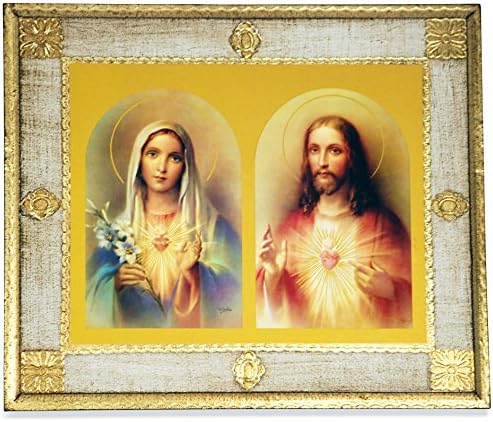Sacred Hearts of Jesus and Mary Beveled Wall Plaque with Gold Border and Wall Hook - Made in Italy