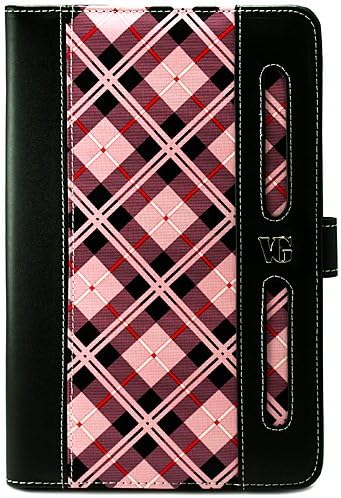 Limited Edition Pink Plaid Protective Slim and Durable Professional Faux Leather Executive Portfolio Cover Carrying Case with Memory Card Slots For Amazon Kindle Fire Full Color 7" Multi-touch Display, Wi-Fi (Newest Tablet) + Includes a Crystal Clear High Quality HD Noise Filter Ear buds Earphones Headphones ( 3.5mm Jack )