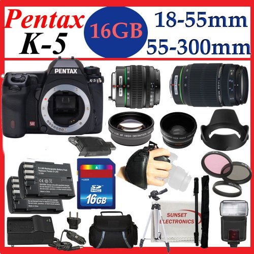 Pentax K-5 16.3 MP Digital SLR with 18-55mm Lens and 3-Inch LCD (Black) and Pentax DA L 55-300mm f/4-5.8 ED Lens with SSE 16GB Amazing Pro Package Includes 2 Batteries and charger, 2 lenses, Filter Kit Plus Much more