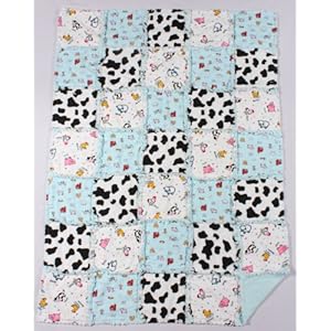 Farmyard Animals with Cow Print in a Light Blue Baby Rag Quilt with Matching Burp Cloth and Bib
