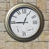 24-Inch Radio Controlled Indoor/Outdoor Clock with Thermometer and Humidity Gauge, Pewter Finish