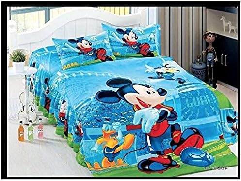 Mickey Mouse Playing Soccer - Blue Green Red -Kids Twin Duvet Set- 4 Piece