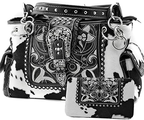 Cow Print Over Buckle Hand Shoulder Bag And Wallet Set Crystals (Black)