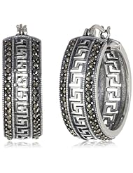 Sterling Silver Oxidized Marcasite Patterned Hoop Earrings (1.04" Diameter)