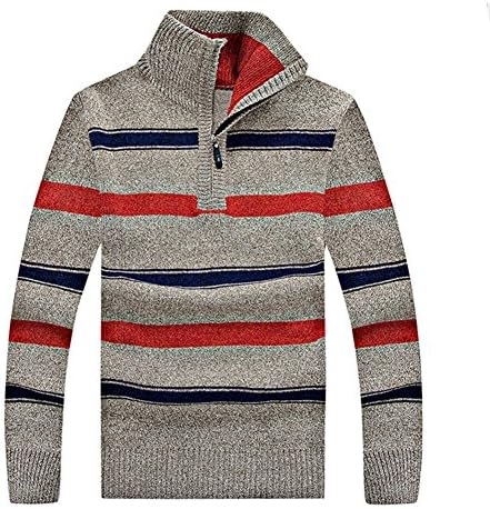 Wiboy Men's High Collar Stripe Cotton Pullover Woolen Sweater Size L Beige