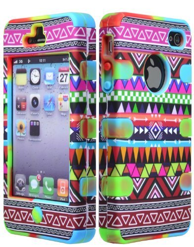 Bastex Hybrid Case for Apple Iphone 4, 4s, 4g - Colorful Bright Tie Dye Silicone / Aztec Tribal Hard