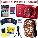 Canon PowerShot ELPH 300 HS 12 MP CMOS Digital Camera (Red) + 16GB Accessor ....