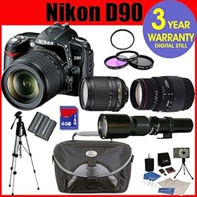 Nikon D90 12.3 MP Digital SLR Camera with 18-55mm f/3.5-5.6G VR Lens + Sigma 70-300MM Macro Zoom Lens + Rokinon 500mm HD Telephoto Zoom Lens with 2x Converter (=1000mm) + High Capacity Li-Ion Battery + 4 GB Memory Card + 50 Titanium Anodized Tripod + 6 Piece Accessory Kit + Deluxe Padded Camera Bag