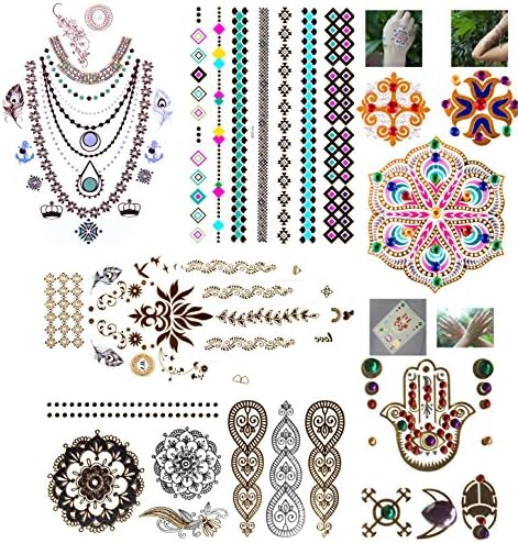 11 Sheets Body And Hair Metallic Temporary Flash Tattoos, Premium Pack, Gold, Metallic, Real Crystal Jewellery, Henna , Neon, 3D, Long Lasting Stickers