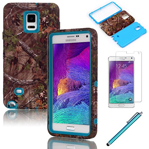 Galaxy Note 4 Case, [Real Tree Camo Design] Case, EC™ Luxury 3 in 1 Hybrid High Impact Soft TPU + Hard PC Case Cover for Samsung Galaxy Note 4 (AT&T, Verizon, T-Mobile, Sprint, And All International Carriers) with Screen Protector + Stylus (Camo-Blue)