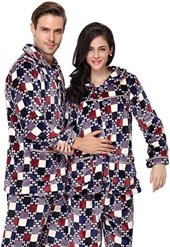 Wujamas Classical Grids Fleece Matching Couples Pajamas Set Flannel Thick Sleepwear Large Mens Purple