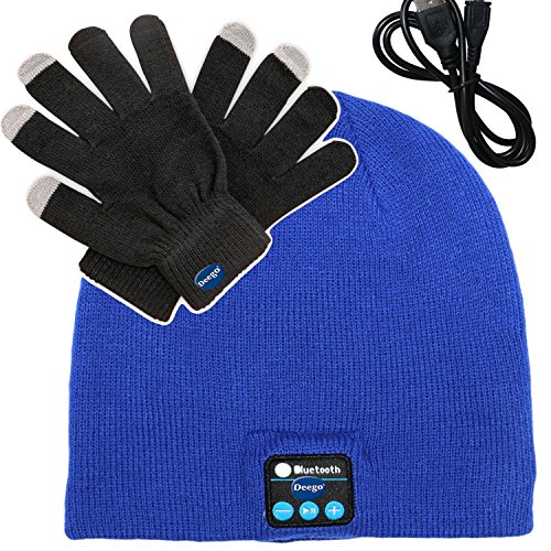 Deego HD Stereo Premium Sports Bluetooth Hat Wireless Smart Beanie Headset Musical Knit Hands-Free Headphone Speaker Hat Speaker phone Cap Microphone + Touch Screen Gloves (Blue Cap*1+Black Gloves*1)