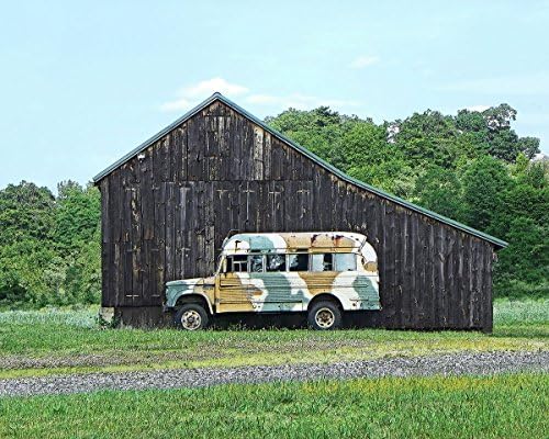 Barn with Camo Bus, a fine art photograph of an old bus spray painted with gold and pale teal camo pattern parked in front of an old tobacco barn. Perfect for him!