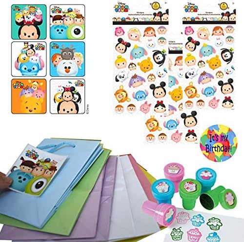 Tsum Tsum Party Favors For 12 - 12 Sheets of Tsum Tsum Stickers,24 Big Tsum Tsum Stickers, 12 Cupcake Stampers, 12 Small Pastel Gift Bags, and a Birthday Sticker (Total 61 pieces)