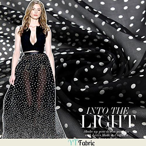 White Polka Dots Printed Black Pure Silk Chiffon Fabric By The Yard, Arts, Crafts &amp; Sewing Silk Fabric for Sale, 53" Width