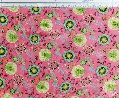 Pink and green color floral print designer silk habotai fabric by the yard.
