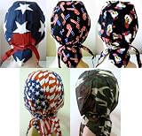 Set of 5 Camouflage and American Flag Patriotic Biker's Caps, Headwraps, Du-Rags, Bandanas, Medical Cap, U.S. Flag, Ribbon, American Bald Eagle, United States Patriotic Themed, Red, White, Blue and Black Colors, Breathable and LIGHTWEIGHT 100% Cotton, One Size to Fit Men, Women and Teens, America, USA, Suitable for Cancer Patients and Survivors, Athletes, Medical, Welding, Healthcare, Bikers, Truckers, Painters and Food Workers to Keep Hair Out of Face