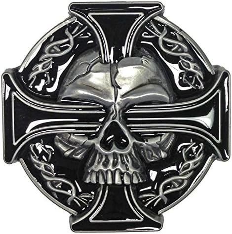 Skull Belt Buckle, Iron Cross, Pewter Finish, Black Enamel Fill