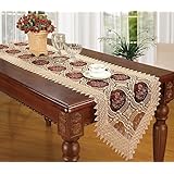 Custom Elegant Beige Lace Table Runner And Scarves Embroidered Floral Burgundy Translucent Gauze 16*72 Inch Long
