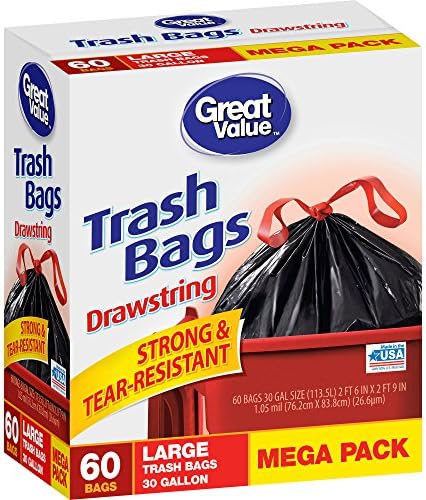 Great Value Large Drawstring Tall Trash Kitchen Bags, 30 gal, 60 count