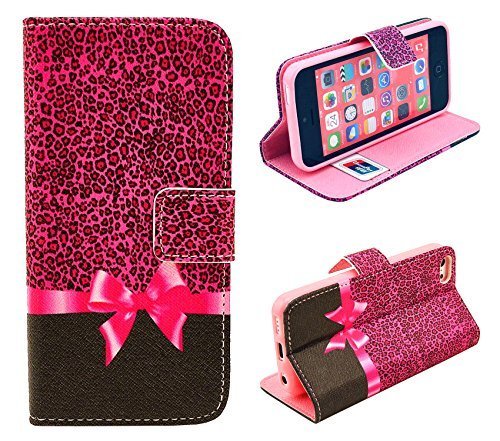 iphone 5C Case,Sexy Leopard Bowtie Credit ID Card Slot Holder Wallet Flip Phone Case With Stand --Retail Package W Screen Protector --Pink