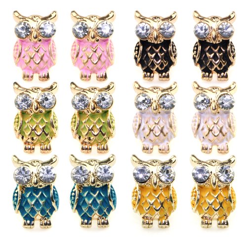 6 Pairs Assorted Colors Owl NightHawk Enamel Paint Cute Stud Earrings Stainless Steel Pin, Hypoallergenic