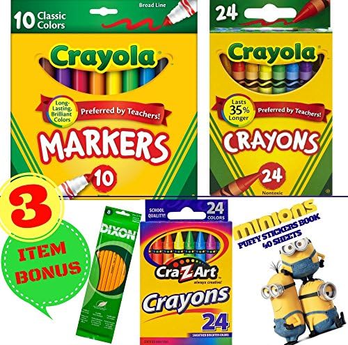 Crayola Crayons And Markers Pack Bundle 10 Count Broad Line Markers | 1 Crayola Crayons 24 Count Box Style Classic School Brand Nontoxic Made In USA Kids Drawing &amp; Coloring Humble Bundle Bonus