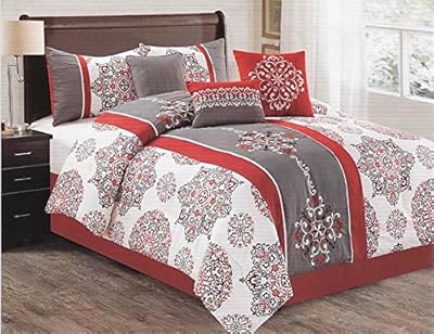 7 Piece Luxurious Burgundy Comforter Set for King Size Bed includes Quilted Comforter Bedskirt Pillows Shams Los Angeles Collection