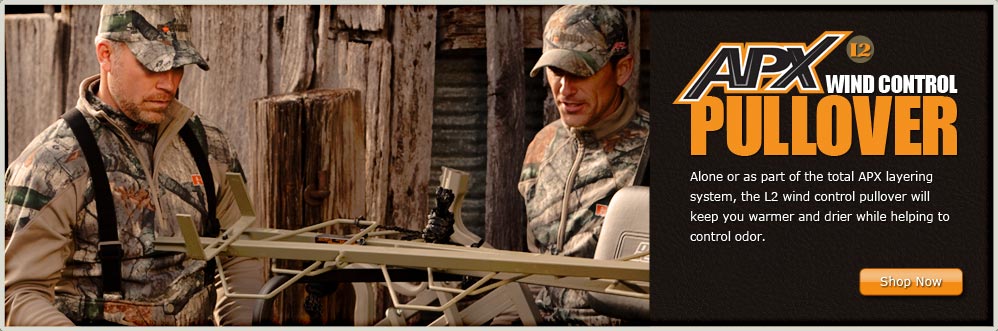 Two Men Preparing for the Hunt Wearing the Russell Outdoors L2 Wind Control Pullover