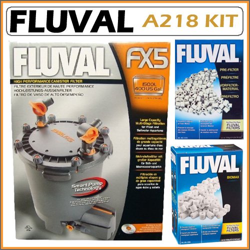 Fluval A218 FX5 400 Gallon Freshwater and Marine Aquarium Canister Filter with A1470 Pre-Filter Media and A1456 Biomax Media