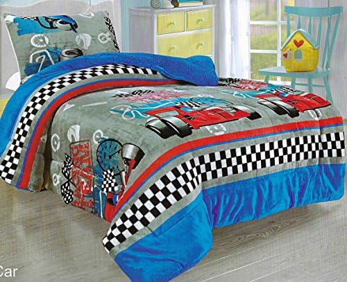 LA Interiors Twin Size Blue Grey Black Multi Color 2 Piece Borrego Bedspread Blanket Quilted Modern Contemporary Kids Boys Girls Design Pattern Race Track Race Car Super Soft Reversible