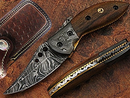 Fish Tail Damascus Steel Pocket Knife Wood Handle with Mosaic Pin