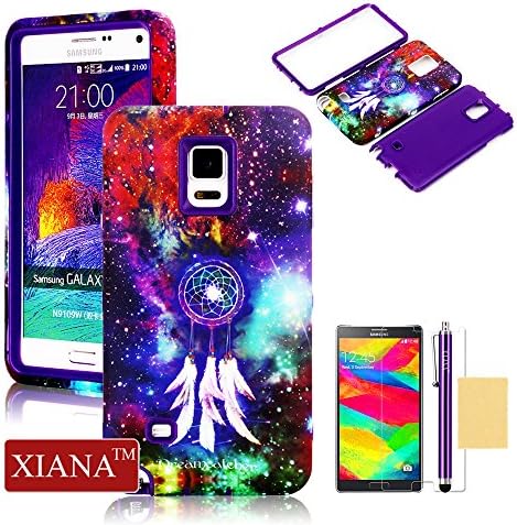 Galaxy Note 4 Case, XIANA Newly Cool Durable PC+TPU Hybrid Shockproof Slim Back Protective Case Cover Suitable For Samsung Galaxy Note 4(Feather Dreamcatcher Purple Starry Sky) with Stylus, Screen Protector and Cleaning Cloth-(Purple)