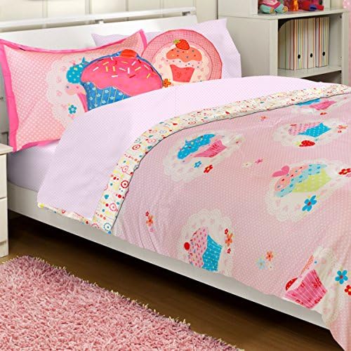 2pc Cupcake Dreams Twin Bed Comforter and Pillow Sham Set Pink Polka Dots Bedding