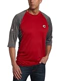MLB Men's Cincinnati Reds 3/4 Sleeve Crew Neck Featherweight Tech Fleece Pullover by Majestic (Pro Scarlet/Pro Carbon Heather, Large)