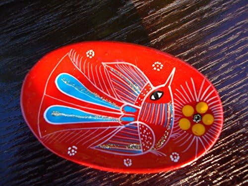 Mexican Glazed 2pc Ceramic Plates 3" Refrigerator Fridge Magnet Vibrant Hand Painted Art Decor[Red on Red Light Blue Feathers]