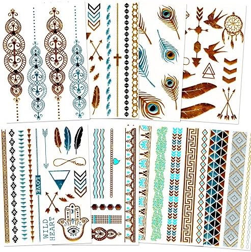 Metallic Temporary Tattoos For Women -- Over 80 Flash Tattoos (8 Sheets of Gold and Silver Foil Metallic Tattoo Jewelry)