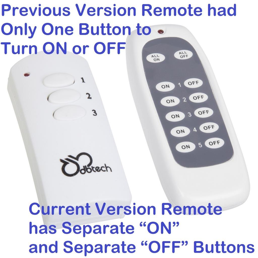 Old remote vs new remote design, new remote has discrete ON/OFF buttons for each outlet